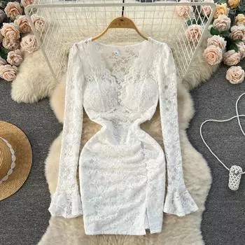 Платье Pure Desire, весенняя одежда, женское темпераментное платье с v-образным вырезом, плиссированное, облегающее, короткое, сексуальное вечернее платье S чёрный