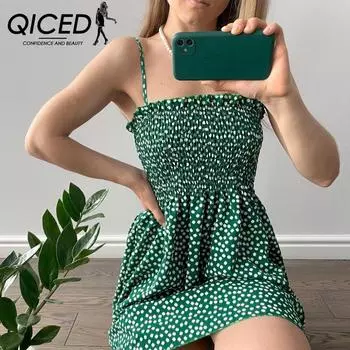 Платье QICED с цветочным принтом и бретелькой для женщин, дизайн из французского шифона и юбка-база с принтом M