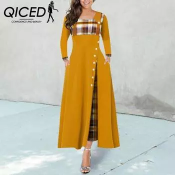 Платье QICED с круглым вырезом, контрастными цветами, длинными рукавами, неровным длинным подолом, юбка S жёлтый