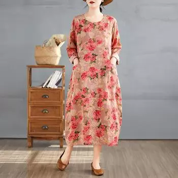 Платье ранней весны с круглым вырезом, длинными рукавами и лоскутным узором, свободного кроя, средней длины one size