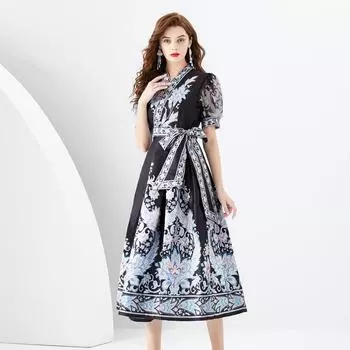 Платье ранней весны с запахом и длинным принтом, V-образным вырезом и рукавами-фонариками S чёрный