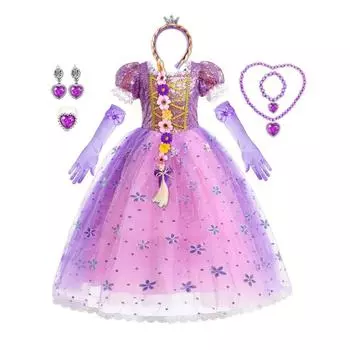 Платье Рапунцель, костюм принцессы для маленьких девочек, праздничное платье для косплея, подарок на день рождения, детский костюм на Хэллоуин, От 2 до 10 лет 120(6-7T) фиолетовый