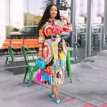 Платье размера плюс с африканским принтом и воротником-бабочкой 2025 года, средней длины - коллекция весна/лето M