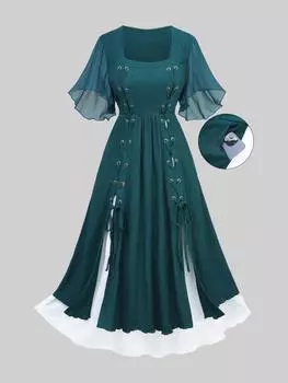 Платье Rosegal больших размеров на шнуровке с люверсами, с разрезом, рукавами с оборками и квадратным вырезом XL глубокий/зелёный