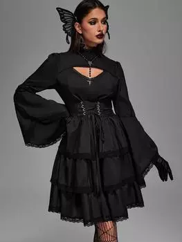 Платье Rosegal Gothic на шнуровке, многослойное, с рюшами, цветочным кружевом, вырезом и расклешенными рукавами XL чёрный