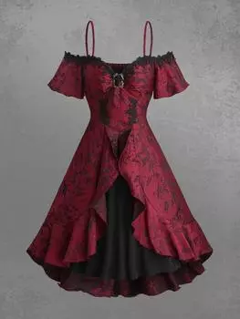 Платье Rosegal Gothic с открытыми плечами, цветочным жаккардом, пряжкой, аппликацией, многослойными оборками и А-силуэтом M красный