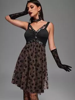 Платье Rosegal Gothic Skull Print Mesh Grommets PU Leather Stripes со сборками S кофейный