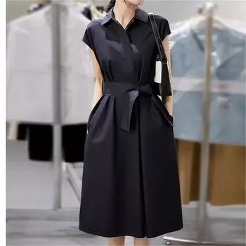 Платье-рубашка без рукавов в стиле Mature, женское, летнее, с воротником-поло, юбка средней длины XXL чёрный