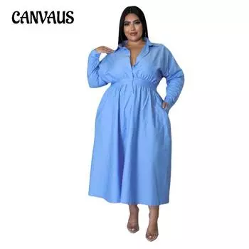 Платье-рубашка большого размера для женщин с длинным рукавом, однотонное, весна-осень XL чёрный