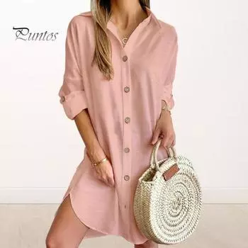 Платье-рубашка для женщин осень-весна, однобортное, с разрезом по низу, свободное, однотонное, с пуговицами и запонками, длиной выше колена, мини-платье 2XL синий