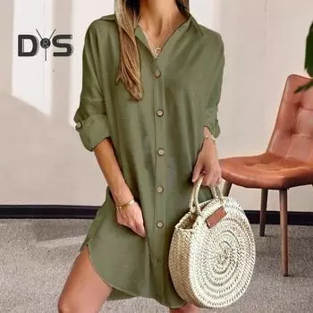 Платье-рубашка для женщин осень-весна, однобортное, с разрезом по низу, свободное, однотонное, с пуговицами и запонками, длиной выше колена, мини-платье S зелёный