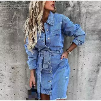 Платье-рубашка из денима с длинным рукавом и однобортным воротником на пуговицах 2025 года, модное женское платье на весну и осень, элегантный модный стиль S синий