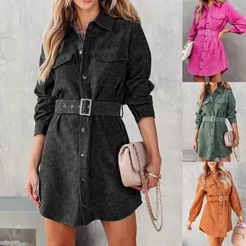 Платье-рубашка из вельвета с длинными рукавами, однотонное, на осень и зиму S чёрный