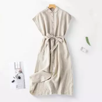 Платье-рубашка миди из хлопка и льна на пуговицах для женщин, повседневное платье без рукавов с воротником-лацканами и поясом для пляжных вечеринок M темно-зеленого
