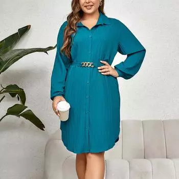 Платье-рубашка на пуговицах для женщин, платье миди с длинным рукавом и завязкой на талии, рабочая вечеринка, клубное платье в полоску с принтом, дышащее повседневное легкое платье больших размеров 1XL синий