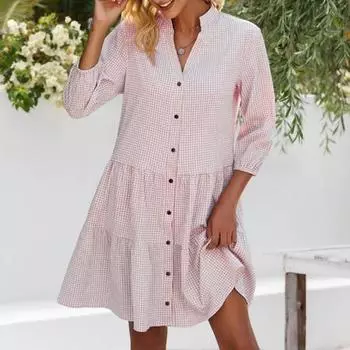 Платье-рубашка на пуговицах для женщин Повседневное платье в полоску с коротким рукавом и V-образным вырезом Струящееся платье-миди А-силуэта для летнего пляжного отдыха S синий