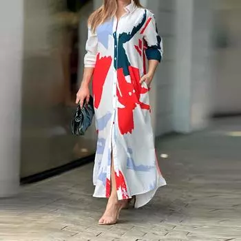 2025 Весна Лето Женское Новое Повседневное Платье Рубашка Свободного Разреза С Принтом - Длинное Платье Граффити с Разрезом По Бок S белый