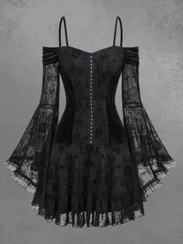 Платье-рубашка Rosegal Gothic с расклешенными рукавами, открытыми плечами, цветочным кружевом, сетчатым бархатным лоскутным узором, со сборками L чёрный