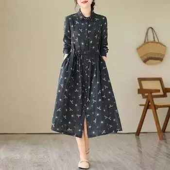 Платье-рубашка с цветочным принтом из хлопка и льна с длинными рукавами и длинной юбкой из рами для женщин M чёрный