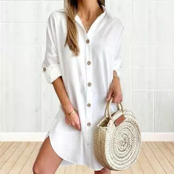 Платье-рубашка с длинными рукавами и отложным воротником, однобортное свободное однотонное платье с нерегулярным подолом, весеннее офисное повседневное мини-платье Dall XL белый
