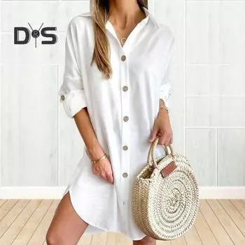 Платье-рубашка с длинными рукавами и отложным воротником, однобортное свободное однотонное платье с нерегулярным подолом, весеннее офисное повседневное мини-платье Dall XL белый