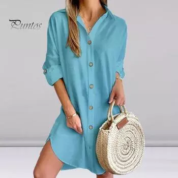 Платье-рубашка с длинными рукавами и отложным воротником, однобортное свободное однотонное платье с нерегулярным подолом, весеннее офисное повседневное мини-платье Dall XL белый