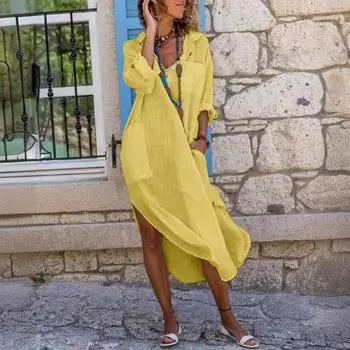 Платье-рубашка с длинными рукавами из хлопка и льна в европейском и американском стиле, однотонное S розовый