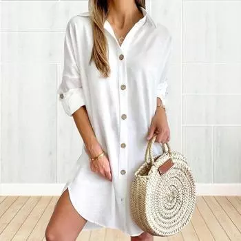 Платье-рубашка с длинными рукавами, отложным воротником, однобортное, свободное, однотонное, неровный подол, весеннее, офисное, повседневное, мини-платье M чёрный