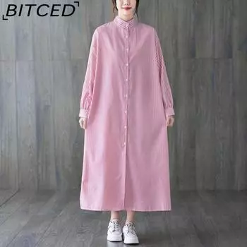 Платье-рубашка с длинными рукавами, женская новая длинная юбка, свободные повседневные однобортные полосатые платья с воротником-стойкой большого размера One Size чёрный