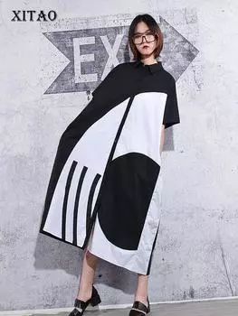 Платье-рубашка с контрастным цветным принтом XITAO WMD0855 One Size чёрный