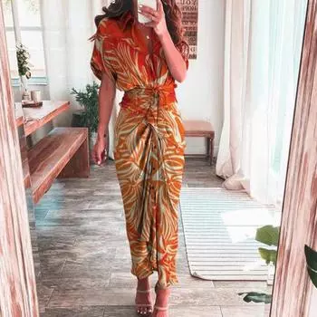 Платье-рубашка с короткими рукавами и драпировкой на талии, с цветочным принтом и цветочным принтом, однобортное платье макси, женская одежда M светло-зеленый