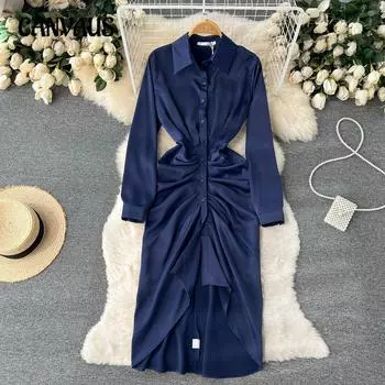 Платье-рубашка с нерегулярными складками и V-образным вырезом, женское, с тонкой талией, открытое, длинное платье M синий