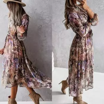 Платье-рубашка с v-образным вырезом и цветочным принтом, женское осеннее платье трапециевидной формы с длинными рукавами и нерегулярными оборками, винтажное платье макси для женщин