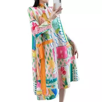 Платье-рубашка, свободного кроя, стройнит и облегает фигуру, длинная юбка со складками и принтом, новая весенне-летняя весенняя юбка. One Size бежевый