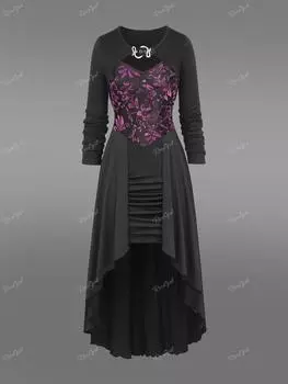 Платье-рубашка трапециевидной формы Rosegal Gothic Floral Flocking с оборками, асимметричным лифом и укороченным топом с пряжкой в виде змеи XL чёрный