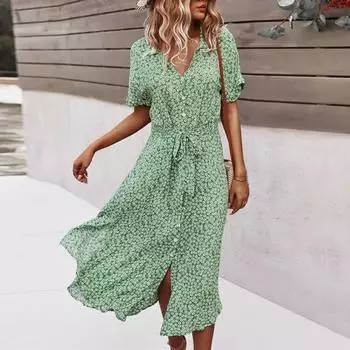 Платье-рубашка, универсальное платье до середины икры с лацканами, привлекательное красивое элегантное платье с цветочным узором, повседневная одежда L светло-зеленый