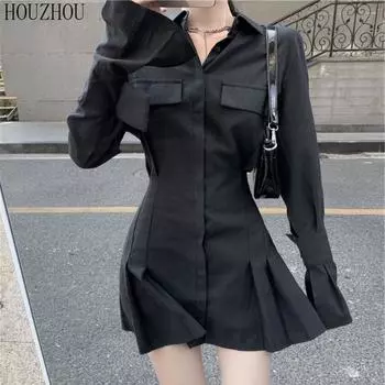 Платье-рубашка Весна Осень с длинными рукавами Темперамент Повседневные тонкие короткие платья с высокой талией S белый