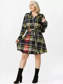 Платье-рубашка в клетку Rosegal размера плюс на полупуговицах с поясом L чёрный/жёлтый