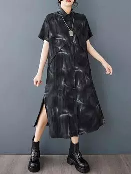 Платье-рубашка XITAO в стиле кэжуал с принтом в стиле пэчворк GMM1277 One Size чёрный