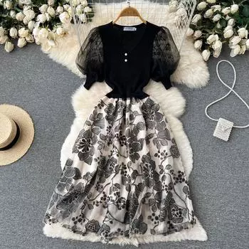 Платье RUGOD Design Sense, темпераментное платье с рукавами-фонариками, сетчатое платье с пайетками, тонкое пышное платье трапециевидной формы с высокой талией