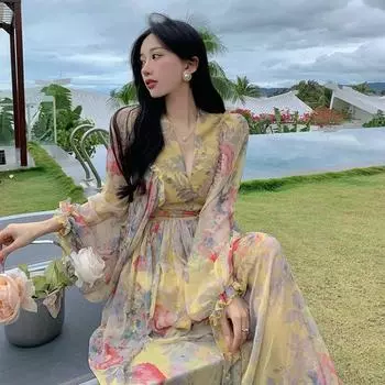 Платье RUGOD для отдыха на берегу моря, Санья, нежное стильное, элитное, для первой любви, перерыв на чай, французское длинное платье с пышными рукавами, картина маслом, темперамент S жёлтый