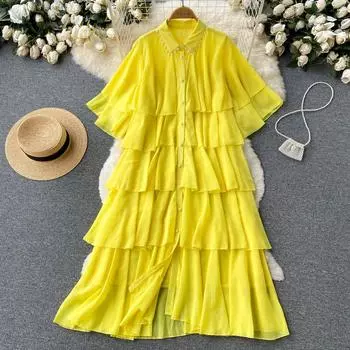 Платье RUGOD, летняя женская многослойная свободная рубашка с рюшами и большим подолом, длинная модная юбка-рубашка с бисером