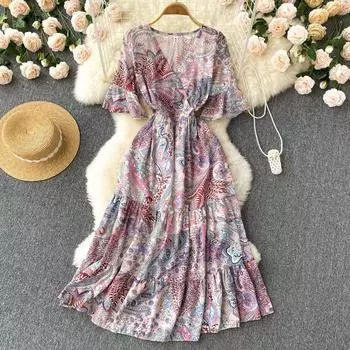 Платье RUGOD, лето 2022, новое шифоновое плиссированное длинное платье с тонкой талией и v-образным вырезом в стиле ретро