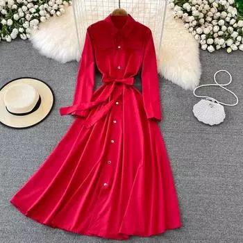 Платье RUGOD Platycodon, однобортное платье с лацканами в стиле ретро, с длинными рукавами, легкое, тонкое, большое, с застежкой на талии, для зрелых, длинное свободное платье