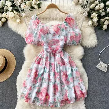 Платье RUGOD с цветочным принтом, французское нишевое темпераментное, модное модное тонкое платье с квадратным вырезом, дизайн, короткое платье трапециевидной формы с пышными рукавами