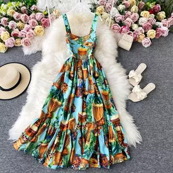 Платье RUGOD с цветочным принтом и открытой спиной, французское длинное платье с большими качелями, пляжное платье, праздничное платье на берегу моря, модное летнее платье на подтяжках
