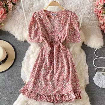 Платье RUGOD с цветочным принтом, новое летнее шифоновое платье с короткими рукавами и v-образным вырезом с завязкой на талии, тонкое шифоновое короткое платье с пышными рукавами и запахом
