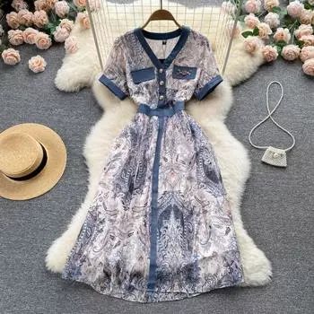 Платье RUGOD с цветочным принтом, женское весеннее новое темпераментное джинсовое платье с тонкой талией, высококачественное нежное шифоновое джинсовое платье M синий