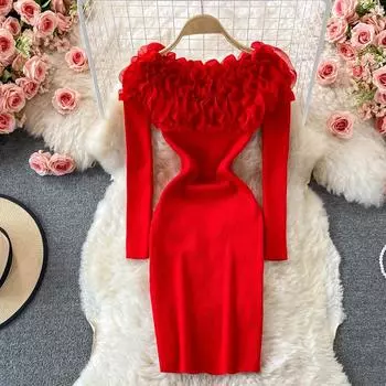 Платье RUGOD с объемным цветком и одним словом, с открытыми плечами, осень 2022, плотное эластичное трикотажное платье, осень-зима 2022 One Size красный