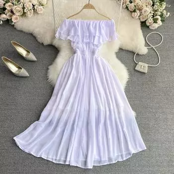 Платье RUGOD с открытыми плечами и рюшами, новое летнее платье в стиле ретро, тонкое и нежное длинное платье трапециевидной формы с нежным ветром